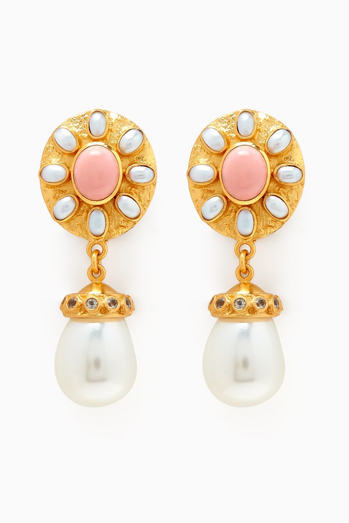

Heather Pearl-drop Clip Earrings in 24kt Gold-plated Brass, Pink