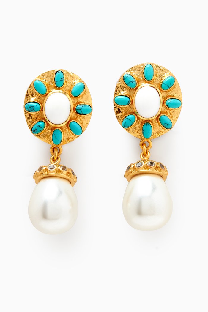 

Heather Pearl-drop Clip Earrings in 24kt Gold-plated Brass, Blue