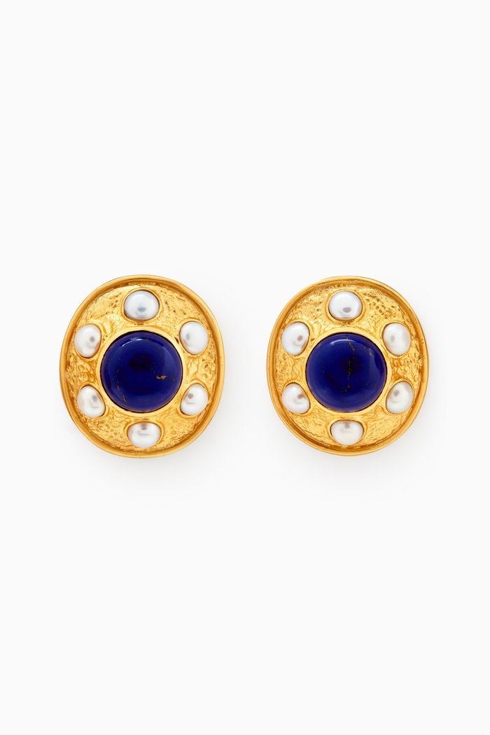 

Vivienne Clip Earrings in 24kt Gold-plated Brass, Blue