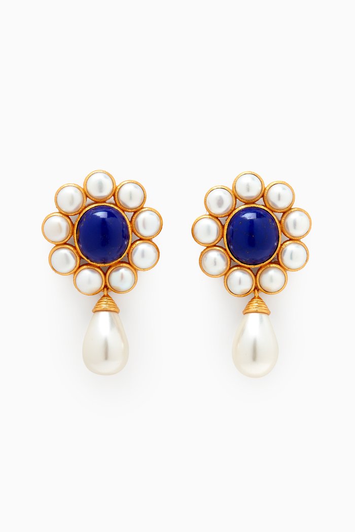 

Sophia Flower Drop Earrings in 24kt Gold-plated Brass, Blue