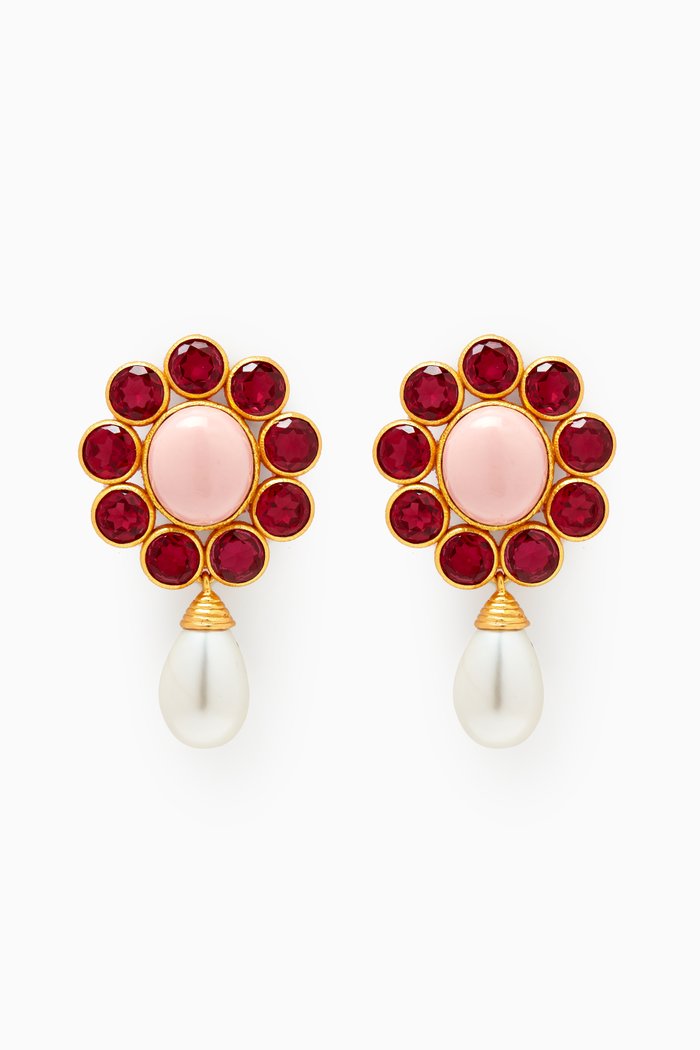 Sophia Flower Drop Earrings in 24kt Gold-plated Brass, Pink
