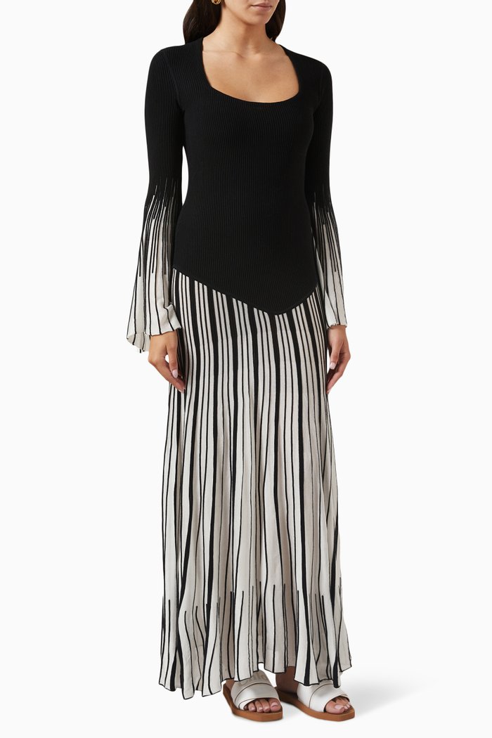 

Striped Ribbed Dress in Wool & Silk-blend, Black