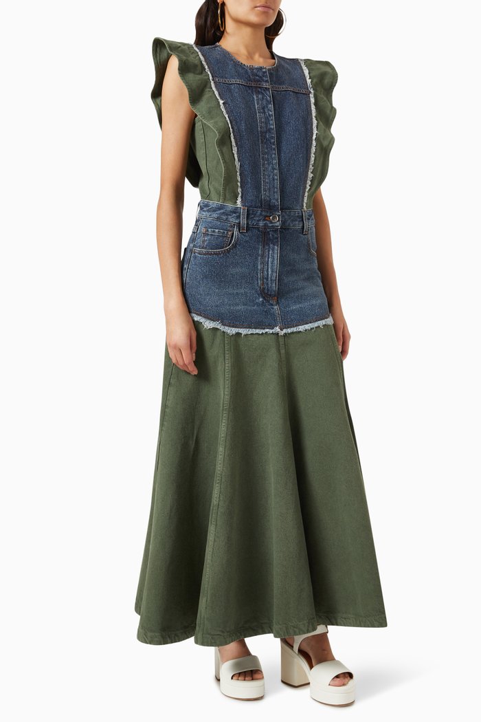Frill Maxi Dress in Denim, Multicolour