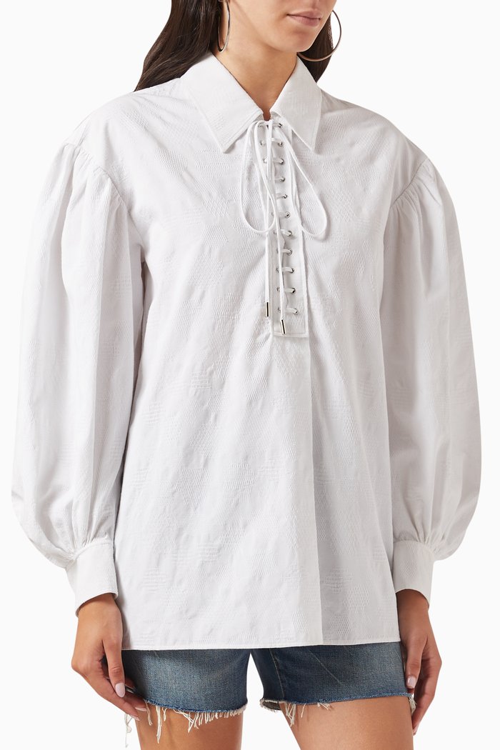 

Lace-up Textured Shirt in Cotton, White