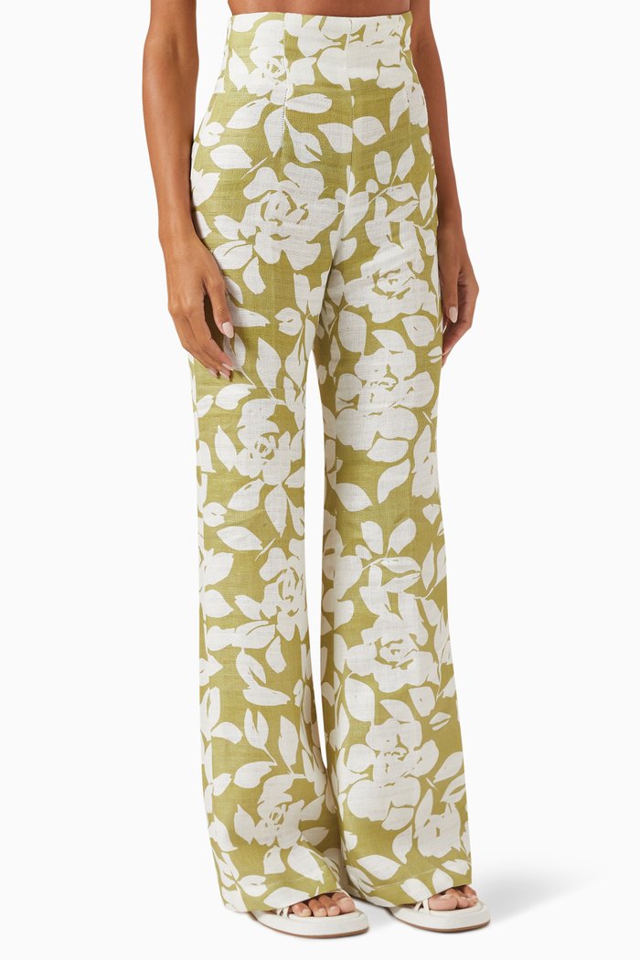 Lilly Printed Pants in Linen, Green