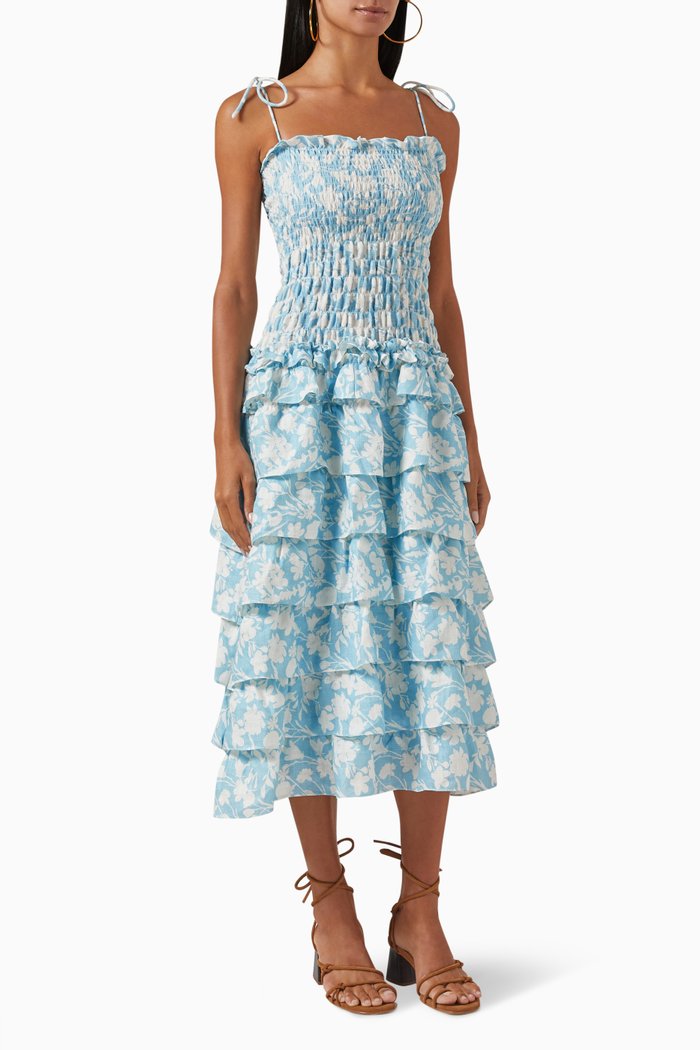 

Lilly Ruffle Dress in Linen, Blue