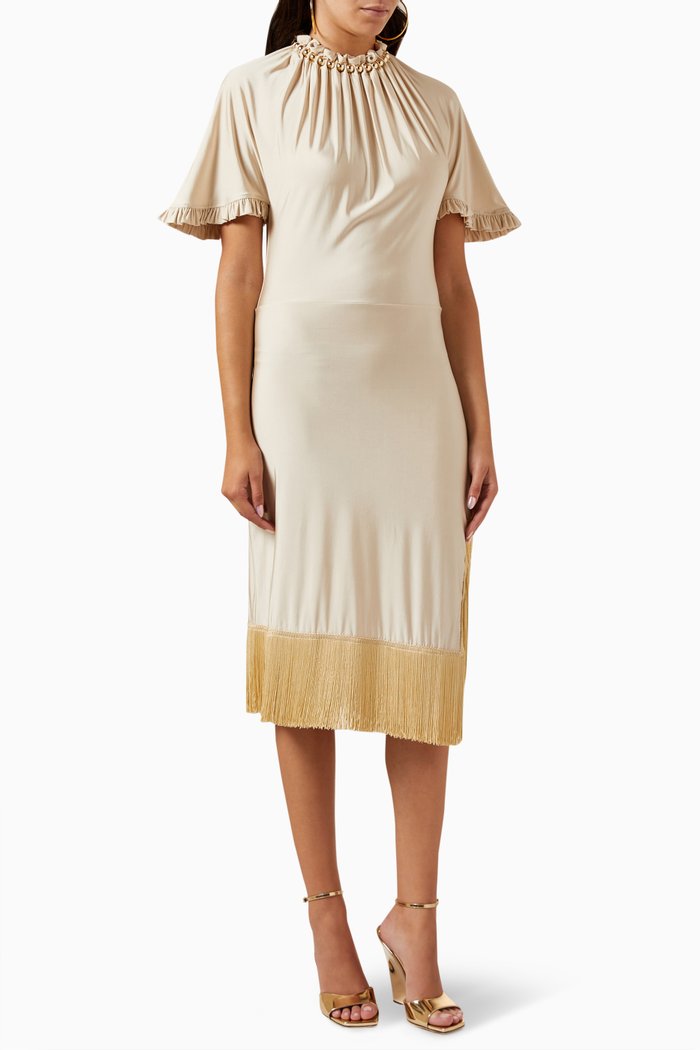 

Beaded Fringe-trimmed Midi Dress in Stretch-viscose, Neutral