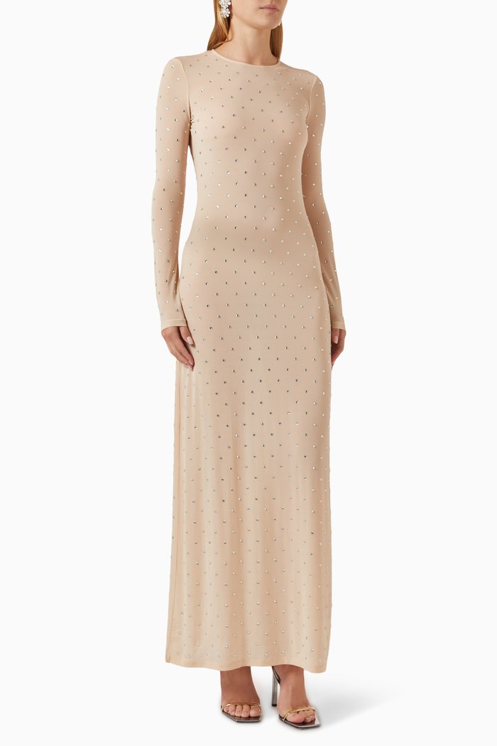 

Crystal-embellished Maxi Dress in Sheer Mesh, Neutral