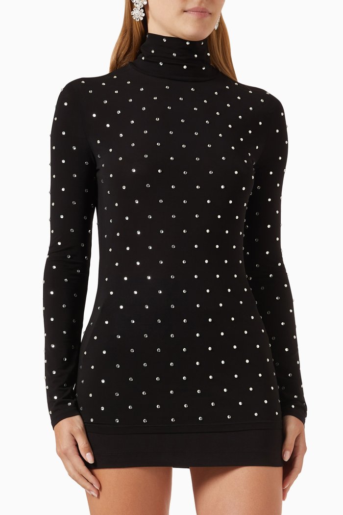 Crystal-embellished Turtleneck Top in Jersey, Black