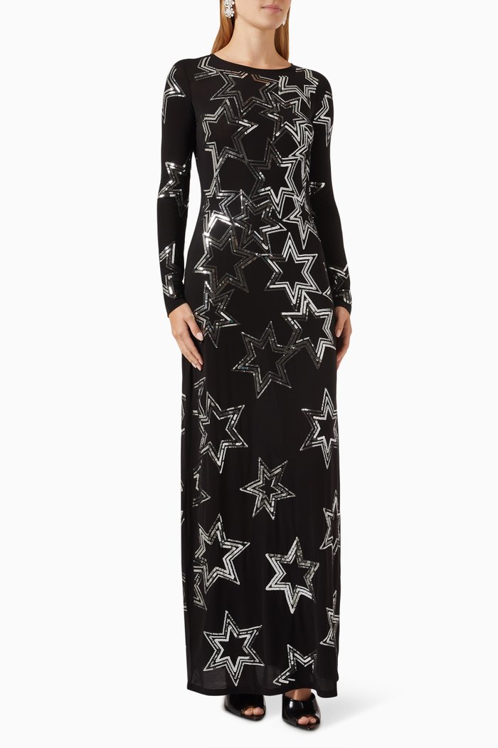 

Metallic Star Bodycon Maxi Dress in Cupro, Black