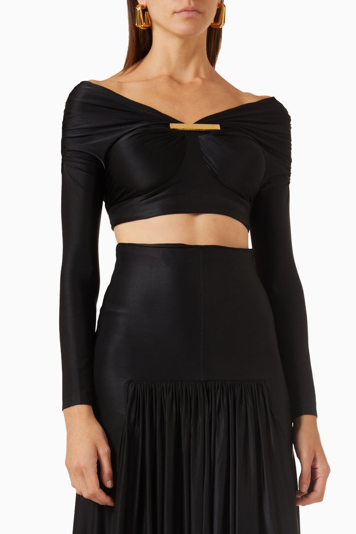 Metal-plate Crop Top in Stretch-jersey, Black