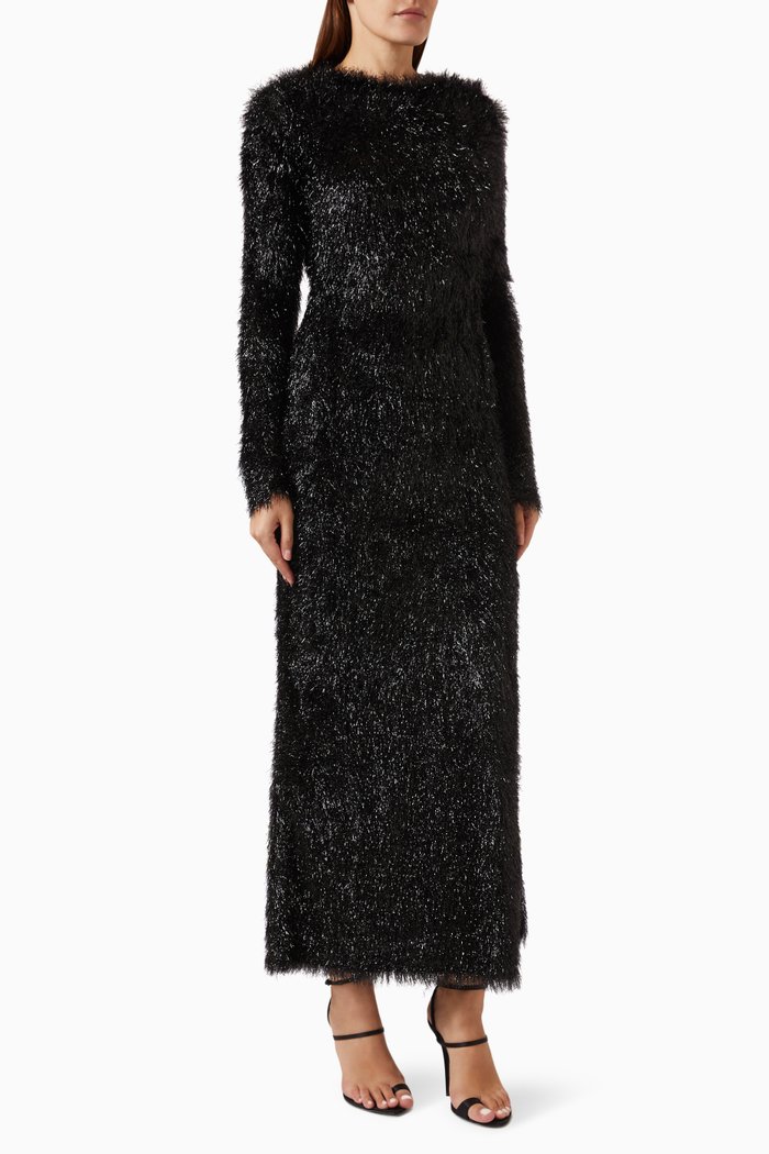 One-shoulder Tinsel Maxi Dress in Metallic-knit, Black