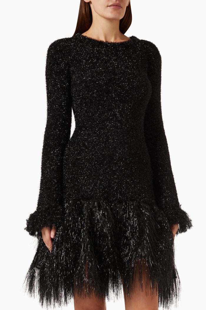 

Flared Tinsel Mini Dress in Metallic-knit, Black
