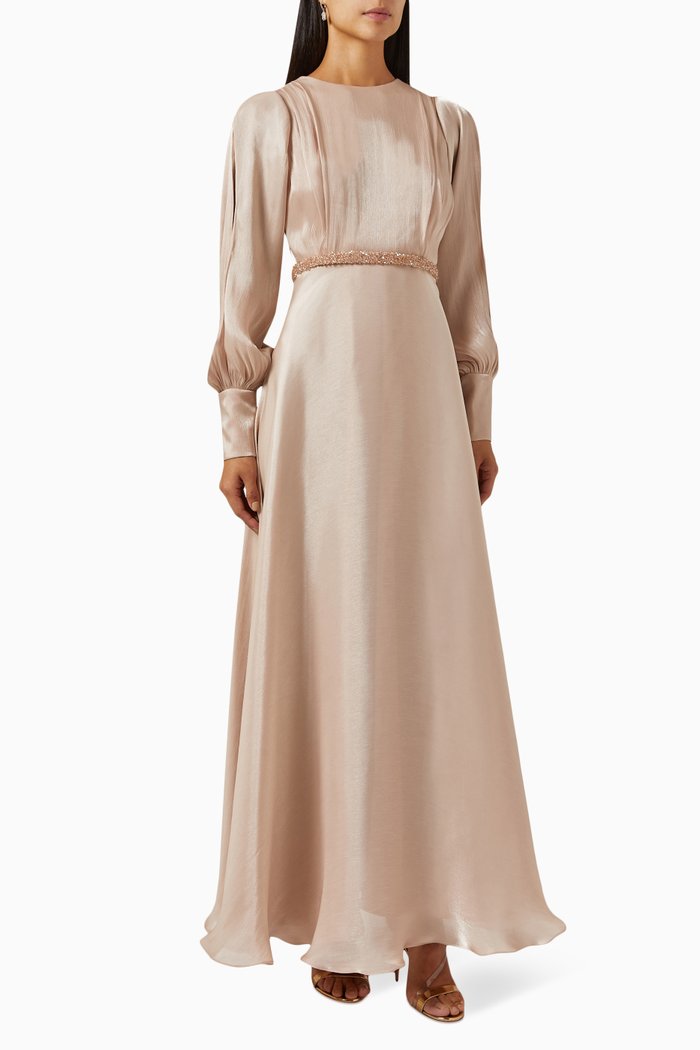 

Bead-embellished Belted Dress, Gold