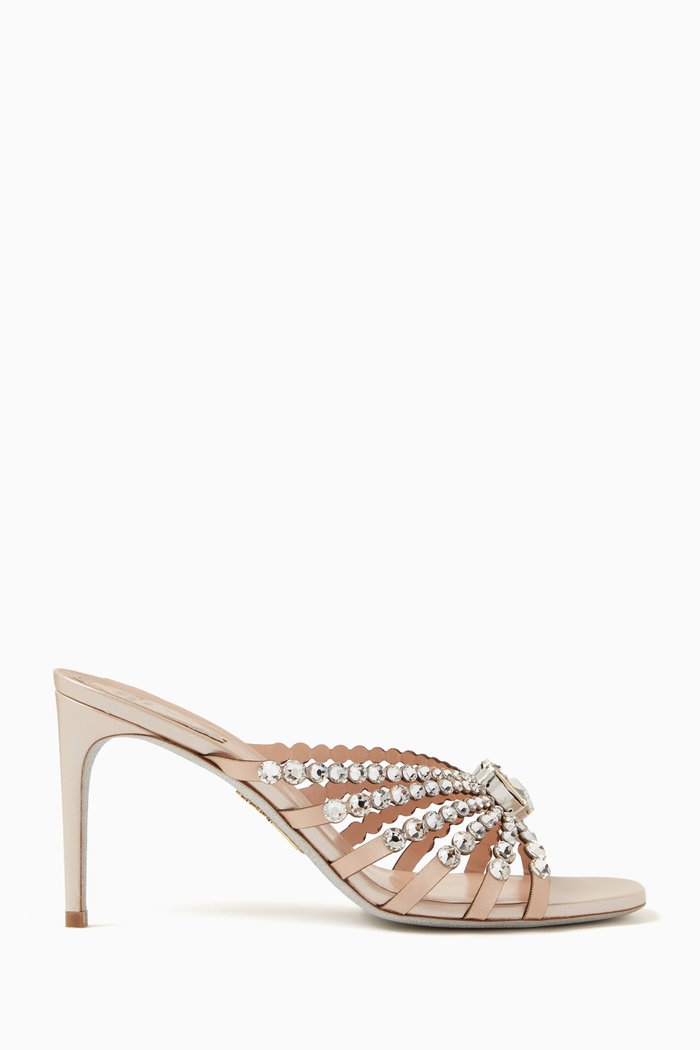 Crystal Embellished 90 Mules in Satin, Neutral