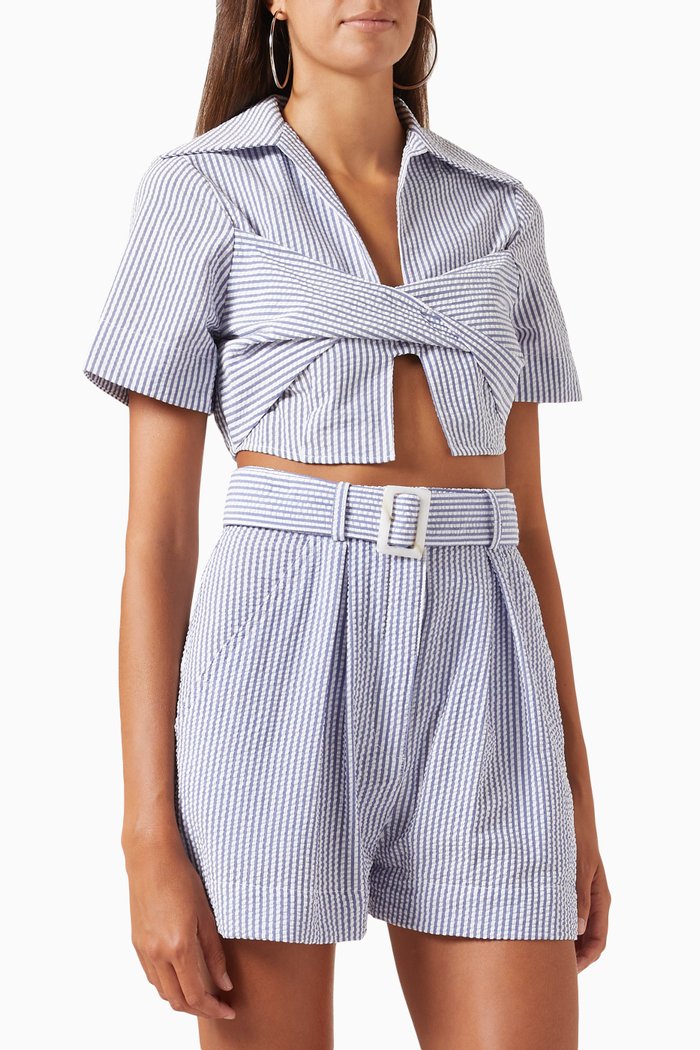 

Collared Twist Crop Top in Seersucker, Blue