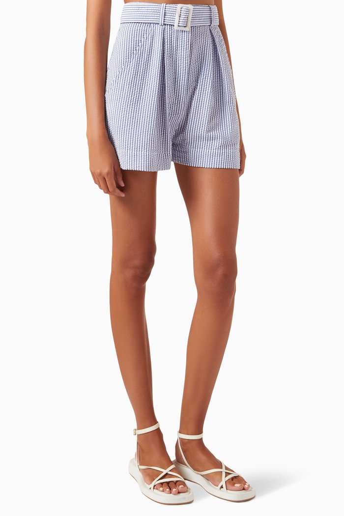 

Pleated Shorts in Cotton Seersucker, Blue