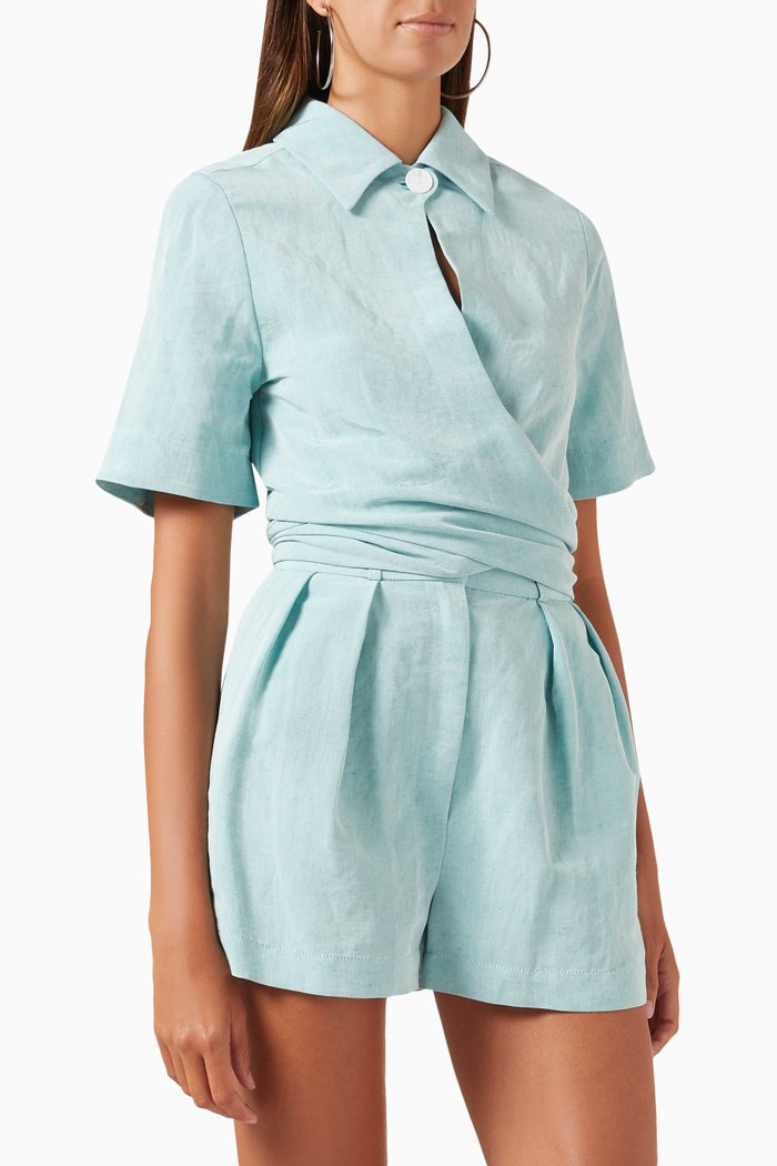 

Collared Wrap Top in Viscose-linen Blend, Blue