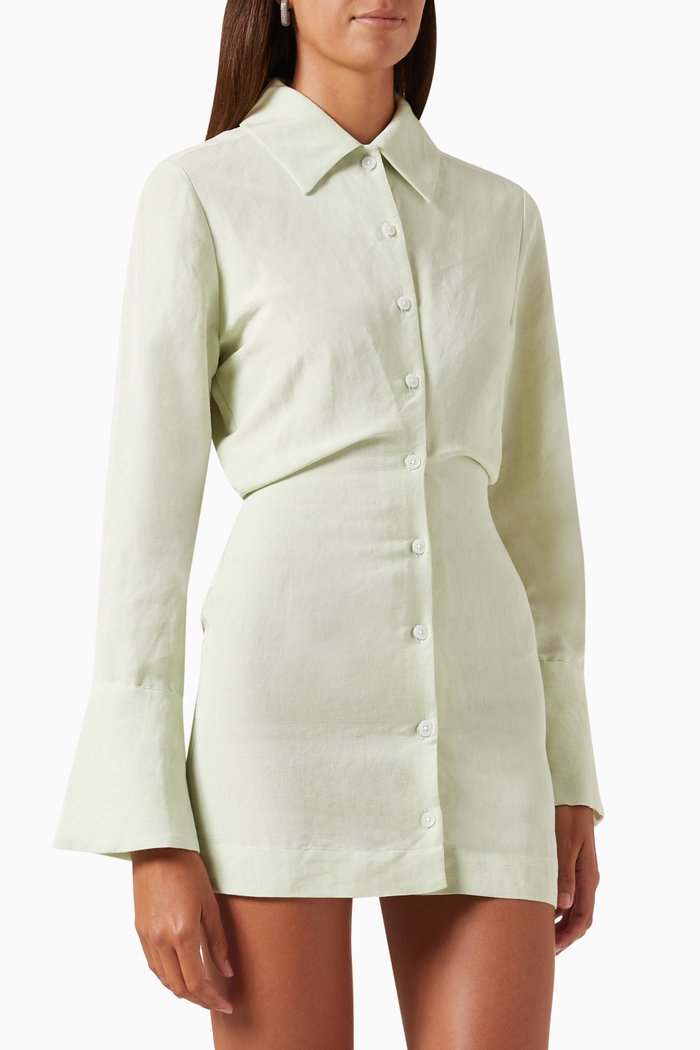 

Blouson Mini Shirt Dress in Viscose-linen Blend, Green