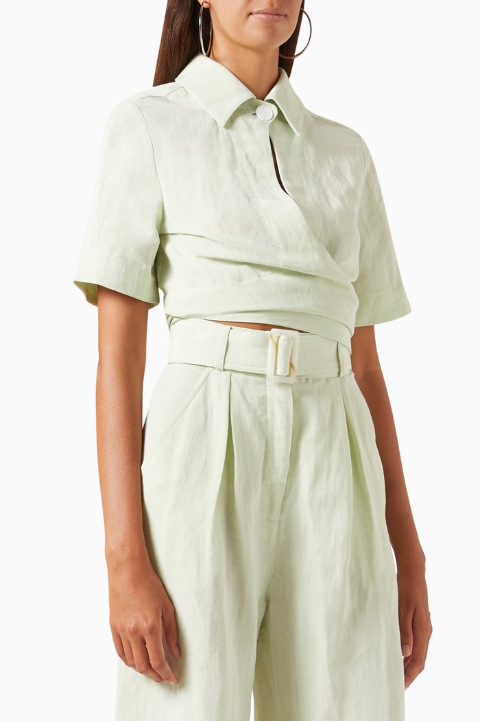 

Collared Wrap Top in Viscose-linen Blend, Green