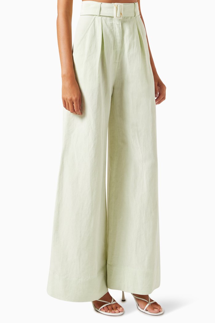 

Pleated Wide-leg Pants in Viscose-linen Blend, Green