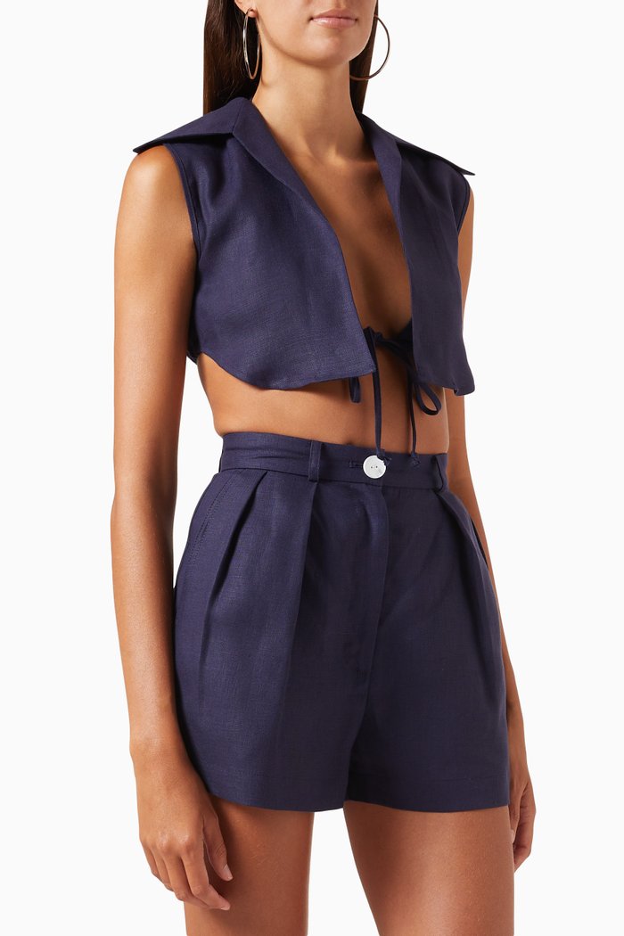 Vest Crop Top in Linen, Blue