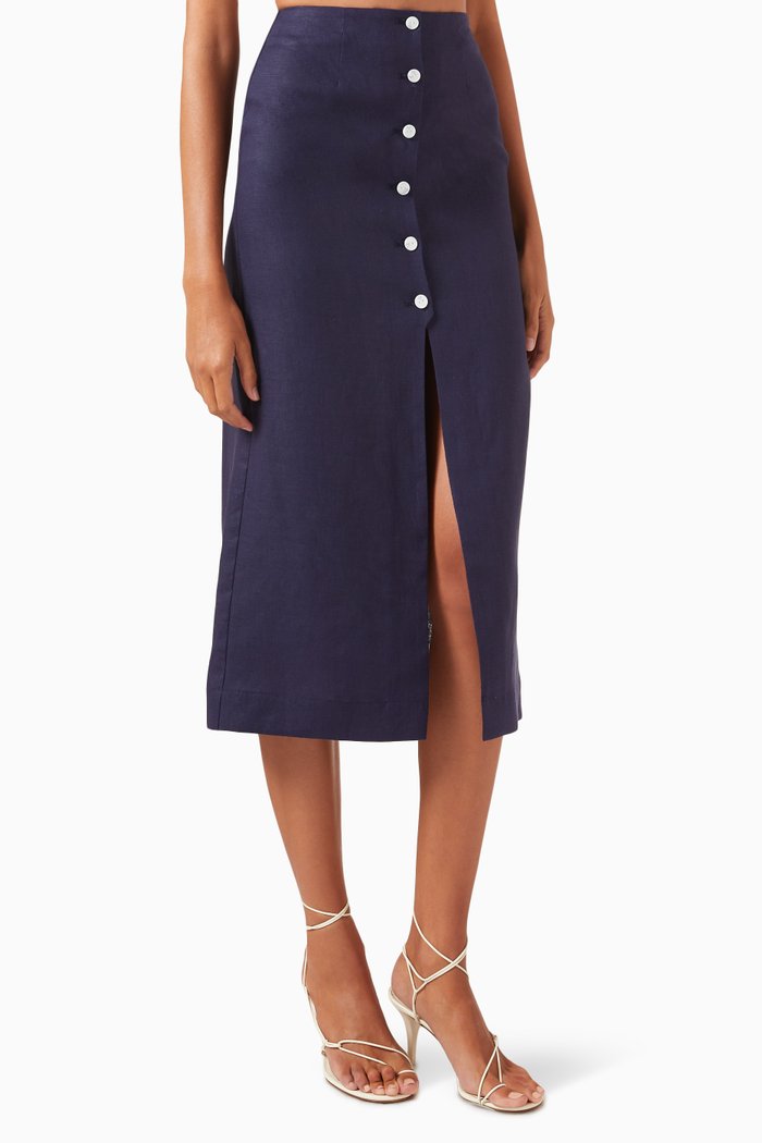 

Button-front Midi Skirt in Linen, Blue