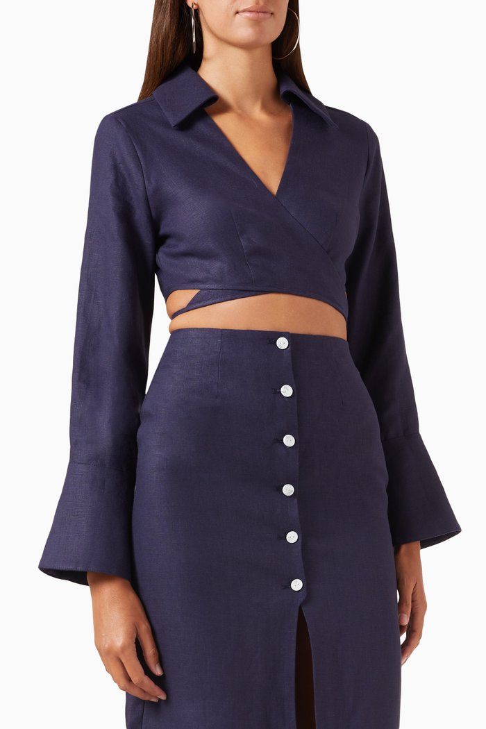 Wrap Crop Top in Linen, Blue