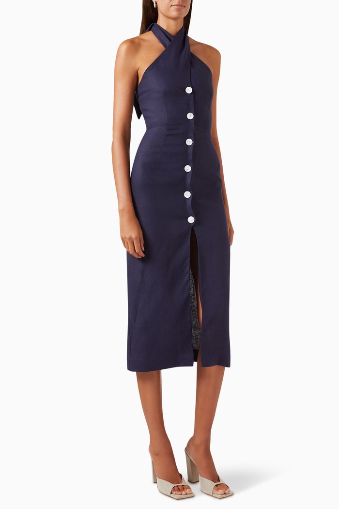 

Twist Button-up Midi Dress in Linen, Blue