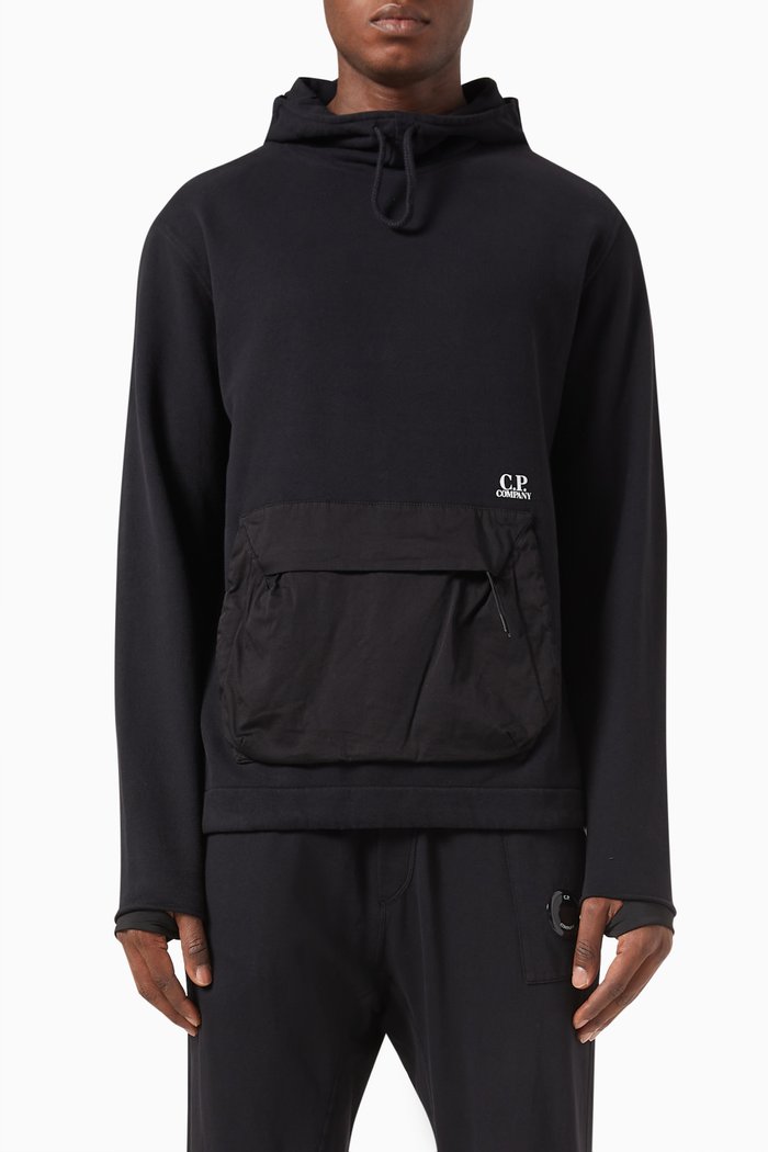 

Mixed Pocket Hoodie in Cotton Diagonal Fleece, Black
