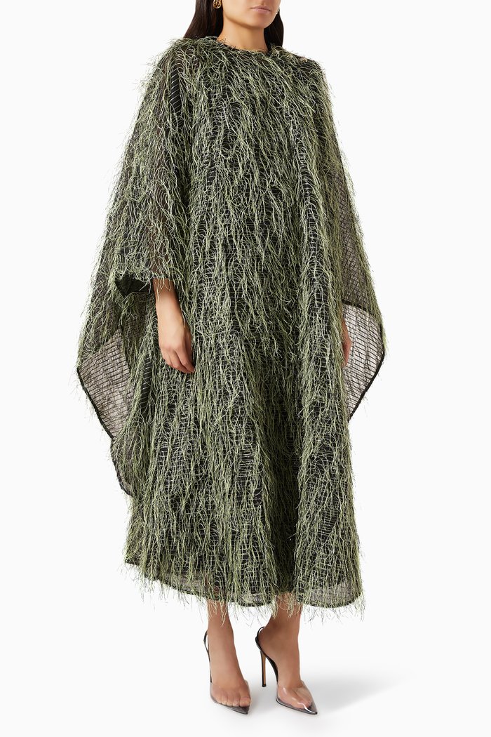 

Feather-embellished Cape & Dress Set, Green