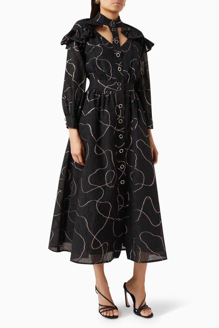 

Frill Midi Dress in Cotton-blend, Black