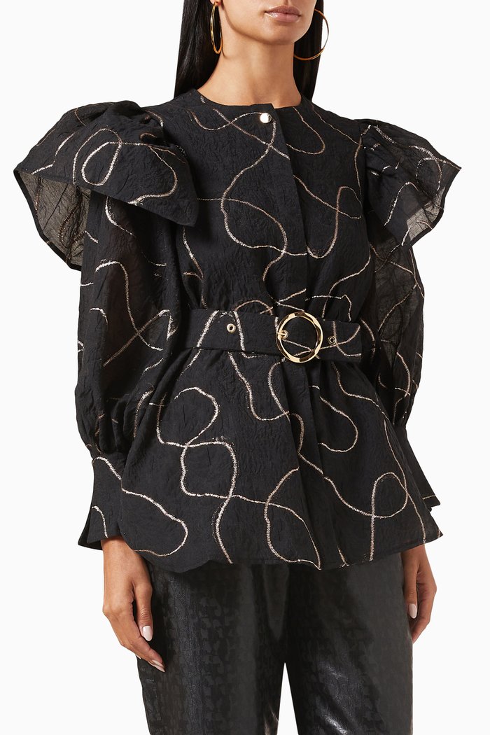 

Ruffled Long-sleeve Blouse, Black