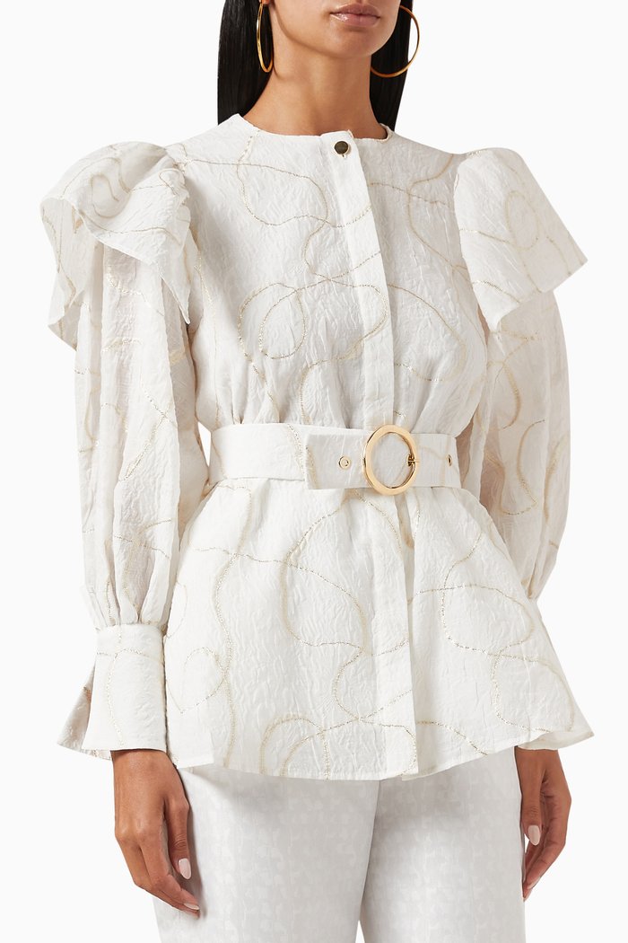 

Ruffle Long-sleeve Blouse, Neutral
