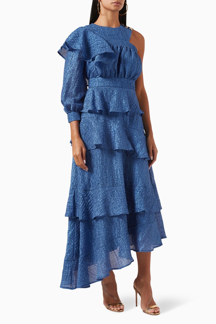 

Ruffle-trimmed Tiered Dress, Blue