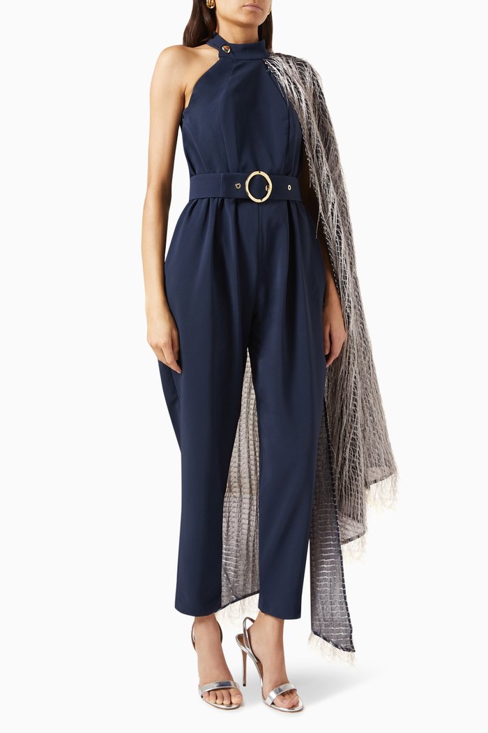 

Feather-embellished Cape Jumpsuit, Blue
