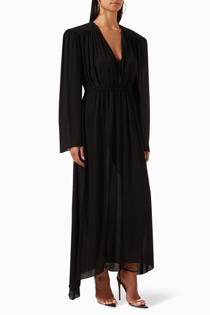 

Gathered V-neck Maxi Dress in Silk, Black