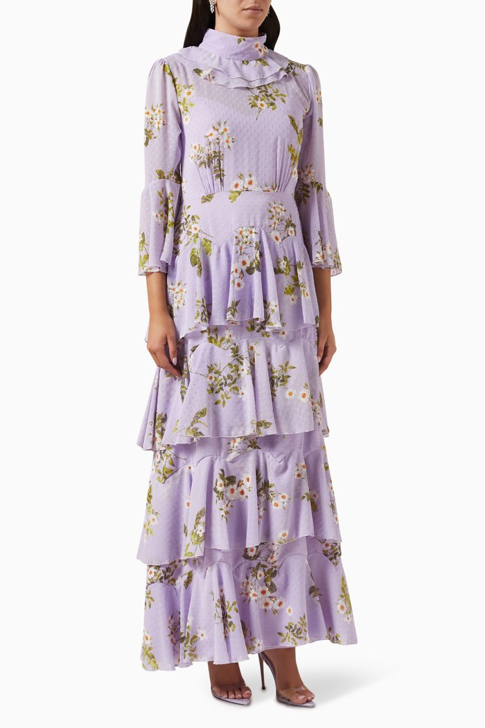 

Ruffled Floral-print Maxi Dress in Georgette, Purple