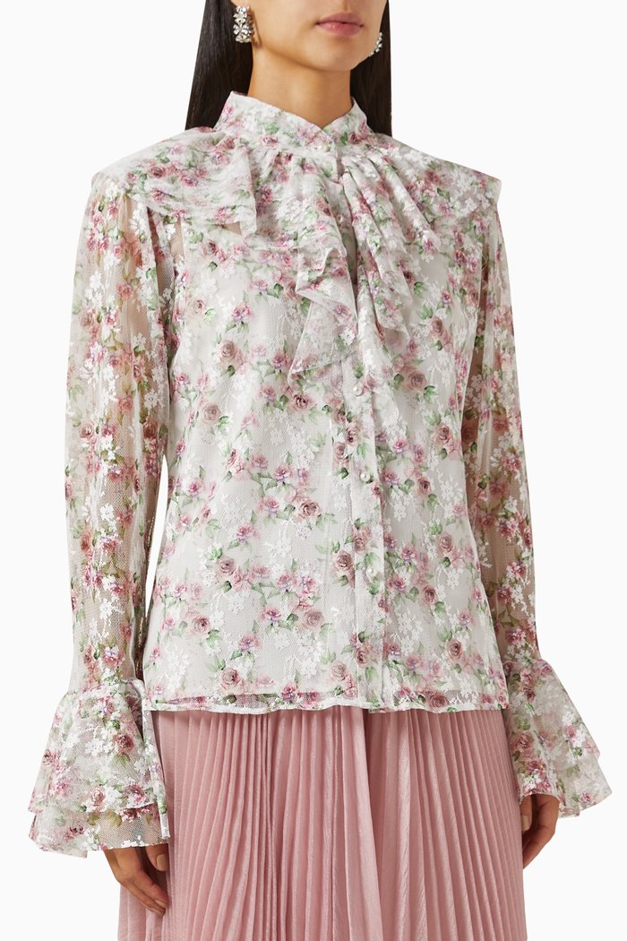 

Floral-print Sheer Top in French Tulle, White