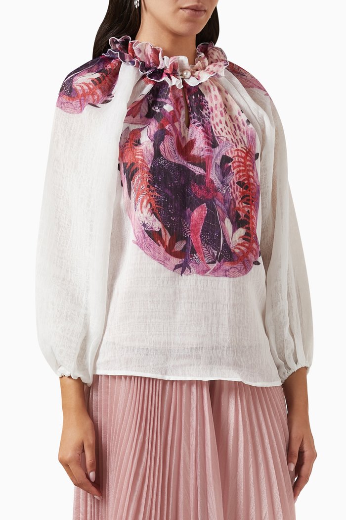 

Ruffled Floral-print Top in Silk-linen Blend, White