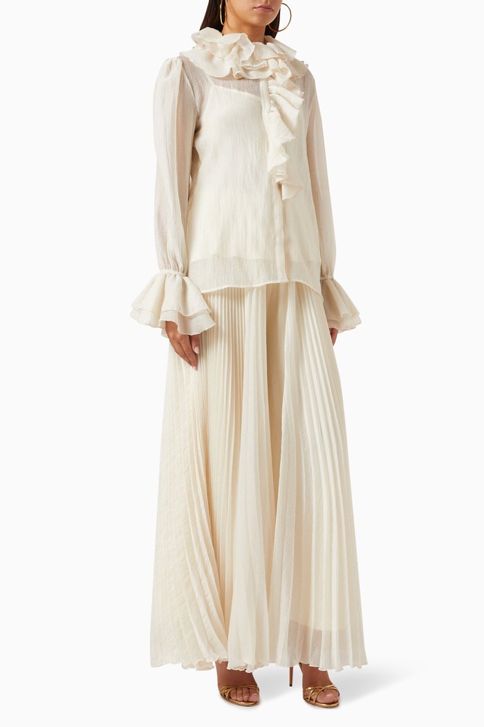 Two-piece Ruffled Top & Pants Set in Silk-organza, White