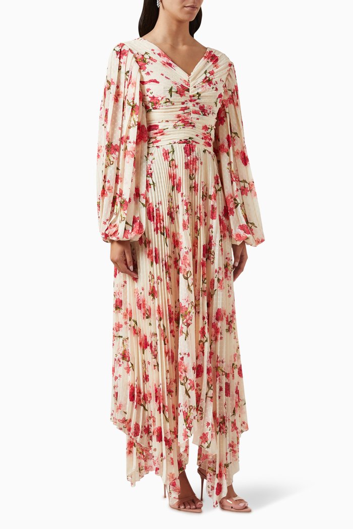

Floral-print Pleated Maxi Dress in Silk-georgette, Red
