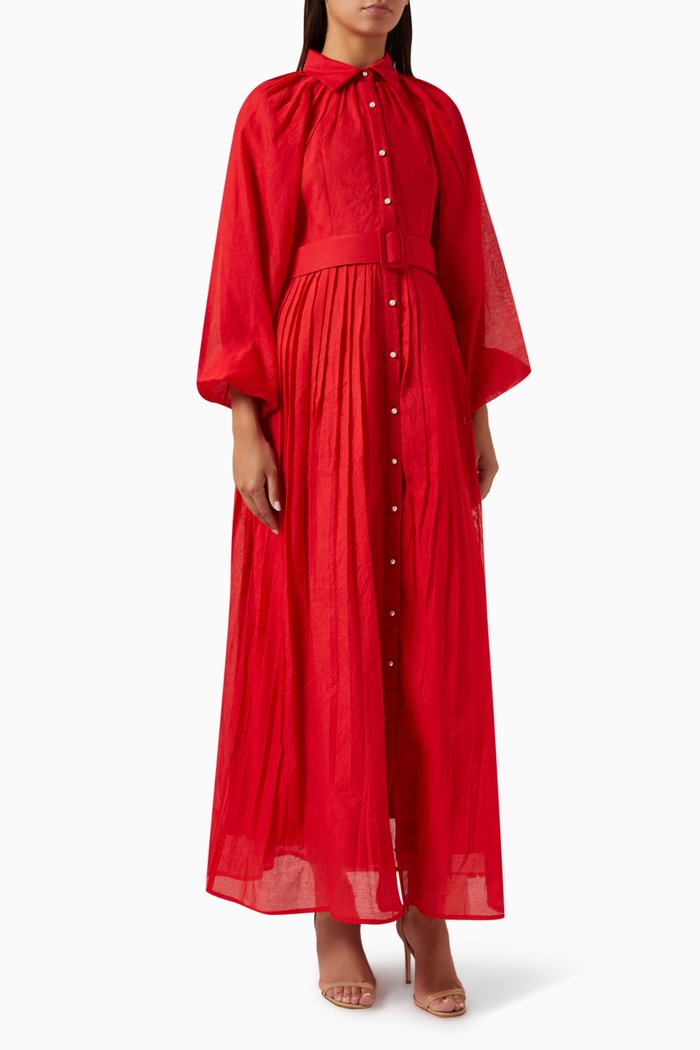 

Pleated Maxi Dress in Silk-linen Blend, Red
