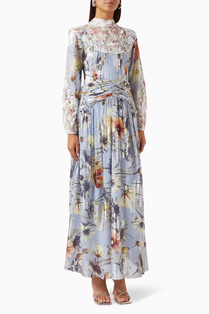 

Pleated Floral-print Maxi Dress in Metallic-chiffon, Purple