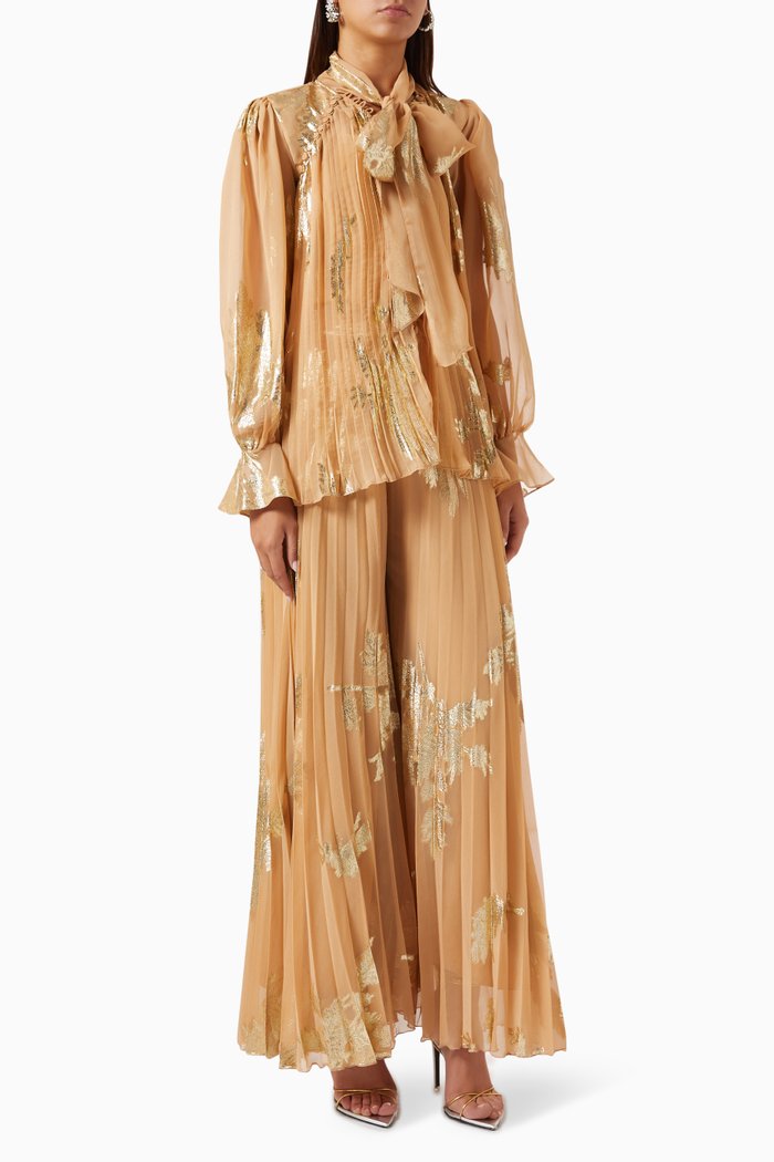 Two-piece Pleated Top & Pants Set in Metallic-chiffon, Gold