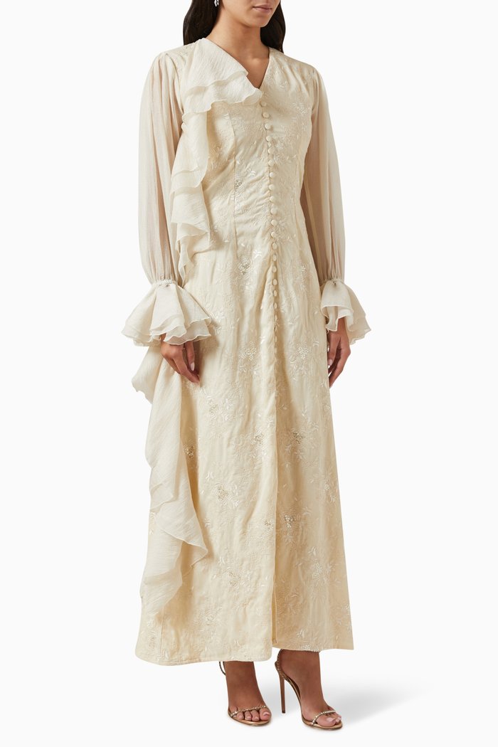 

Embroidered Maxi Dress in Silk-linen Blend & Chiffon, White