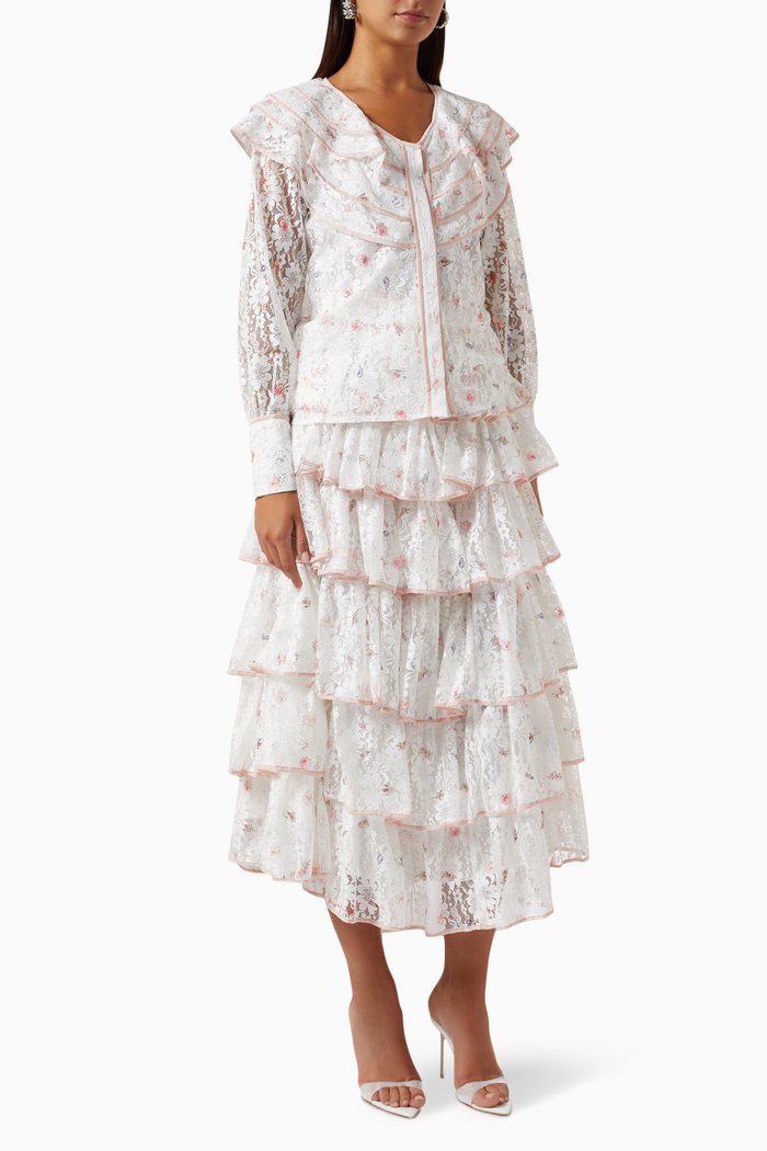 

Two-piece Ruffled Top & Midi Skirt Set in Tulle, White