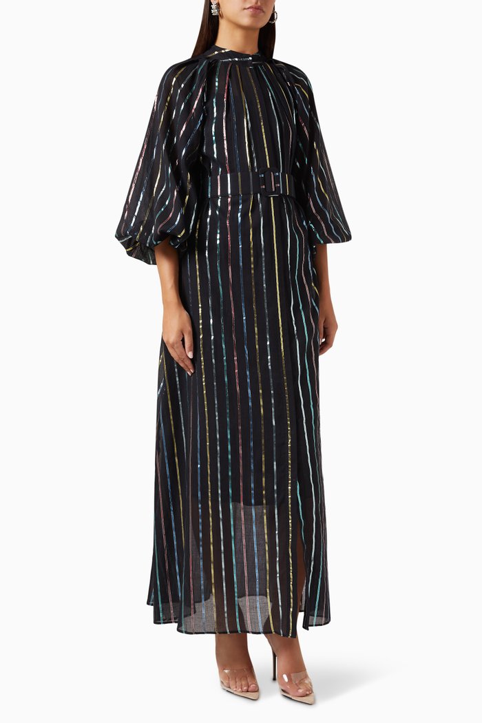 

Metallic-stripe Belted Maxi Dress in Silk-linen Blend, Black