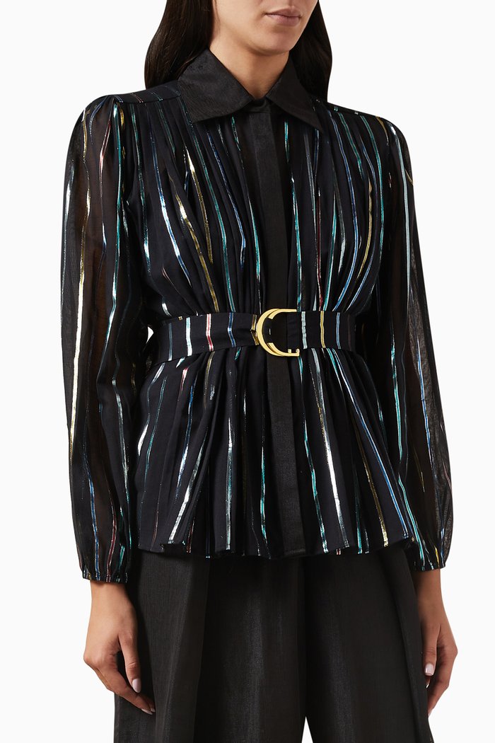 Metallic-stripe Belted Shirt in Silk-linen Blend, Black