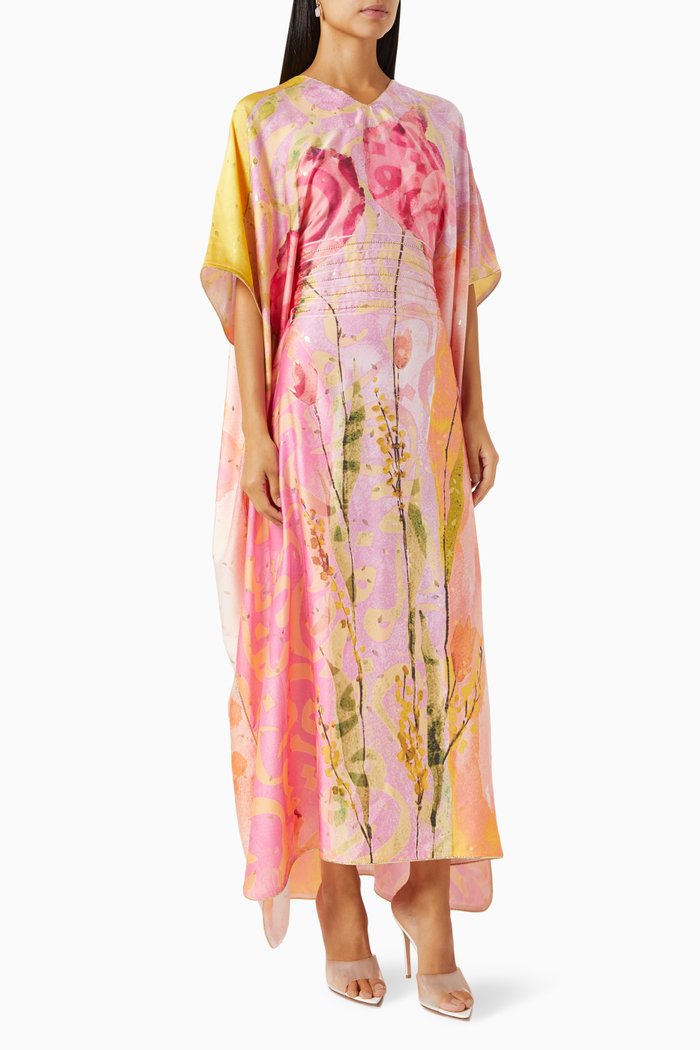 

Calligraphy Farasha Kaftan in Silk, Pink